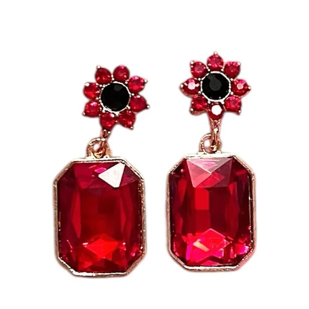 Elegant Red Rhinestone Flower Dangle Gold Tone Earrings